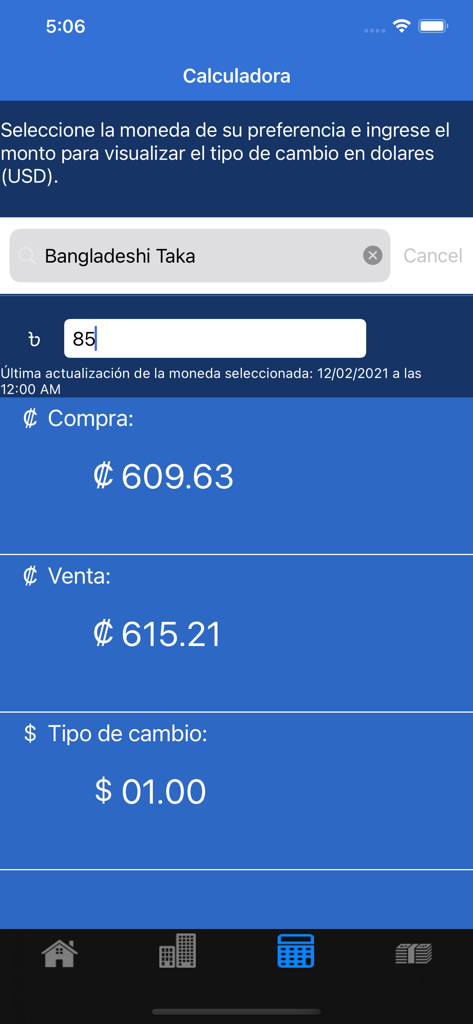 TDC Tipo de Cambio CR Pro - Interfaz de calculadora de divisas que muestra las tasas de cambio de Colones Costarricenses