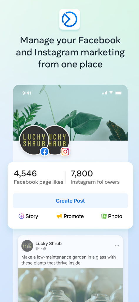 Meta Business Suite 모바일 대시보드에서 비즈니스를 위한 통합 Facebook 및 Instagram 마케팅 통계 및 관리 도구를 표시합니다.