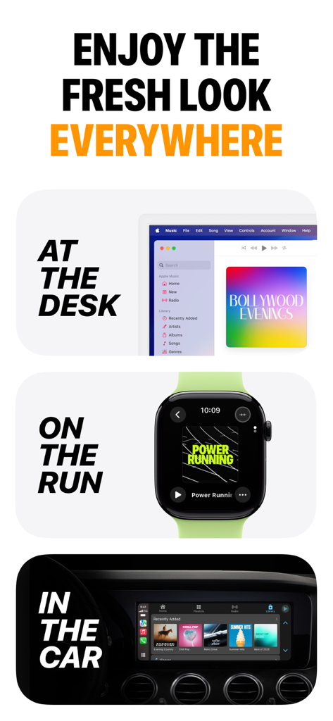 Playlist covers created with Denim app displayed on a desktop computer, Apple Watch, and car dashboard.
