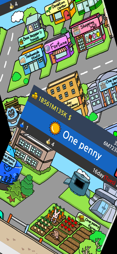 Beggar Life 2 - A cartoon map of One Penny Village in the game Beggar Life 2 showing various shops a farm and the boss beggars house