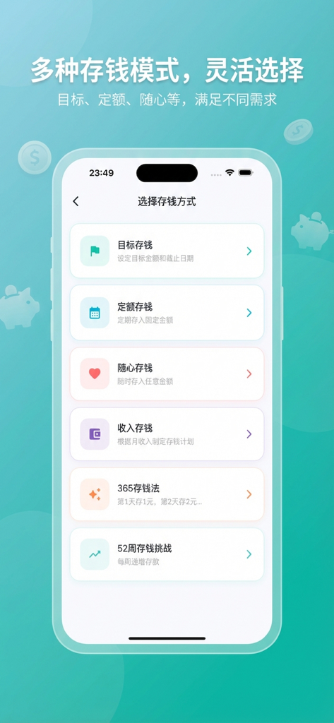 小青存钱打卡-记账理财好帮手 - Une interface d'application mobile minimaliste montrant diverses options d'épargne, y compris l'épargne pour objectifs, la méthode 365 jours et le défi 52 semaines.