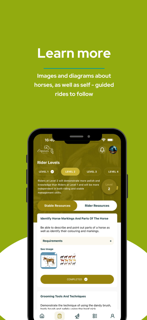 Empower Equine - Interfaz de la aplicación Empower Equine que muestra diagramas de anatomía y marcas del caballo para la progresión de nivel del jinete