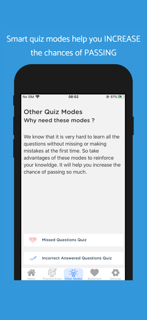 Una captura de pantalla de la aplicación de preparación CompTIA Security+ que muestra modos de cuestionario inteligentes que incluyen cuestionarios para preguntas fallidas e incorrectamente respondidas.