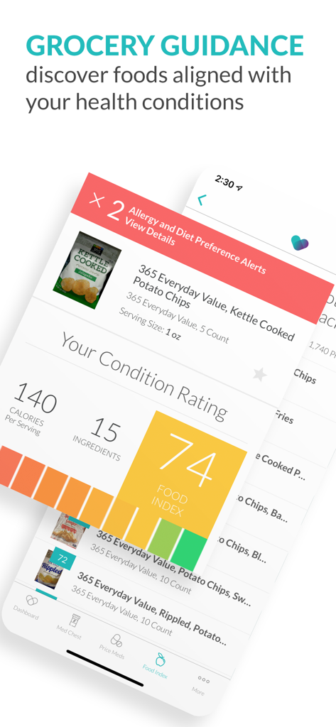 A screenshot of the ScriptSave WellRx app featuring Grocery Guidance and a Food Index rating to help users choose foods aligned with their health conditions.