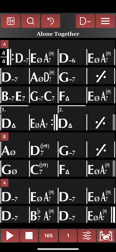 Songistic - A high-contrast digital chord chart for the jazz standard Alone Together within the Songistic app interface showing complex chord symbols and playback controls.
