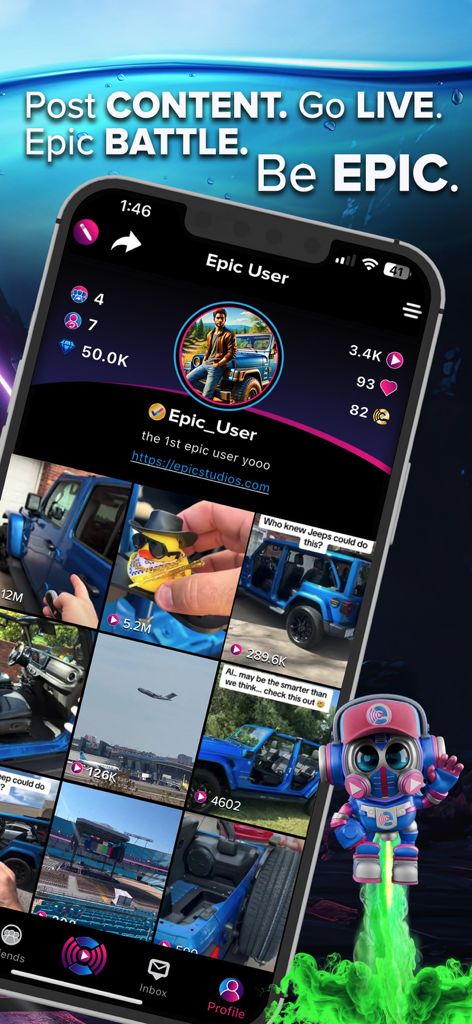 E.P.I.C. Studios - Perfil de usuario de la aplicación E.P.I.C. Studios mostrando una cuadrícula de videos cortos y estadísticas de interacción del creador.