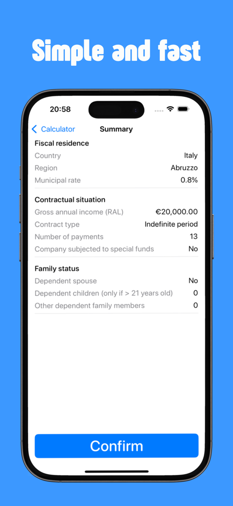 Salary: Paycheck calculator - Pantalla de resumen de la aplicación Salario: Calculadora de nómina que muestra los ingresos brutos y la residencia fiscal italiana