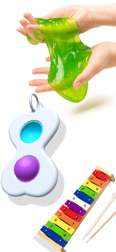 Manos estirando slime verde cerca de un juguete pop-it y un xilófono colorido