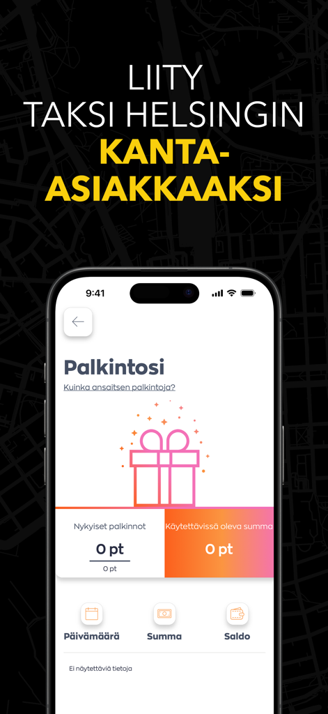 Taksi Helsinki - Taksi Helsinkiモバイルアプリの特典画面。ロイヤルティプログラムのポイントとギフトアイコンが表示されています。
