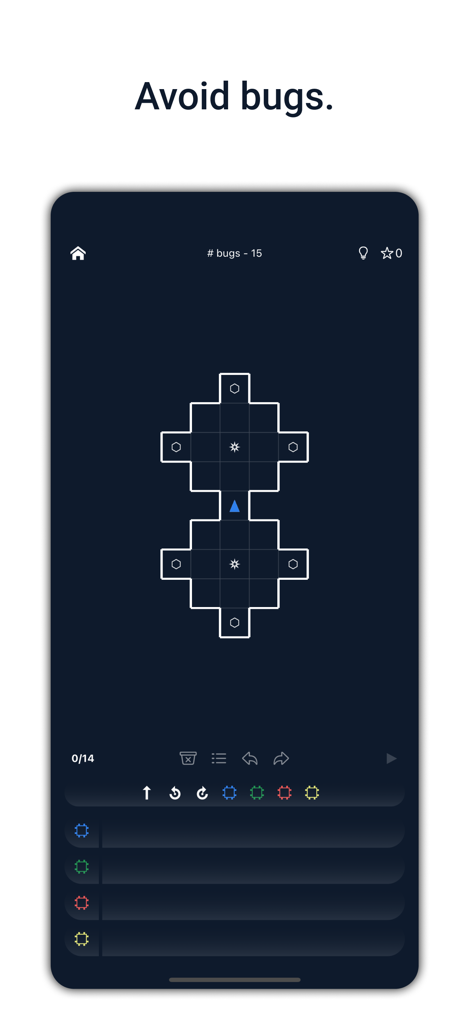 Recursive programming puzzle game interface showing a level with robots gems and bugs