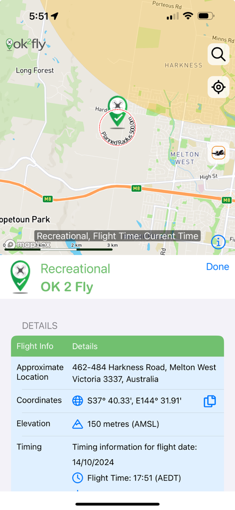 A screenshot of the ok2fly app showing a map and recreational drone flight planning details.
