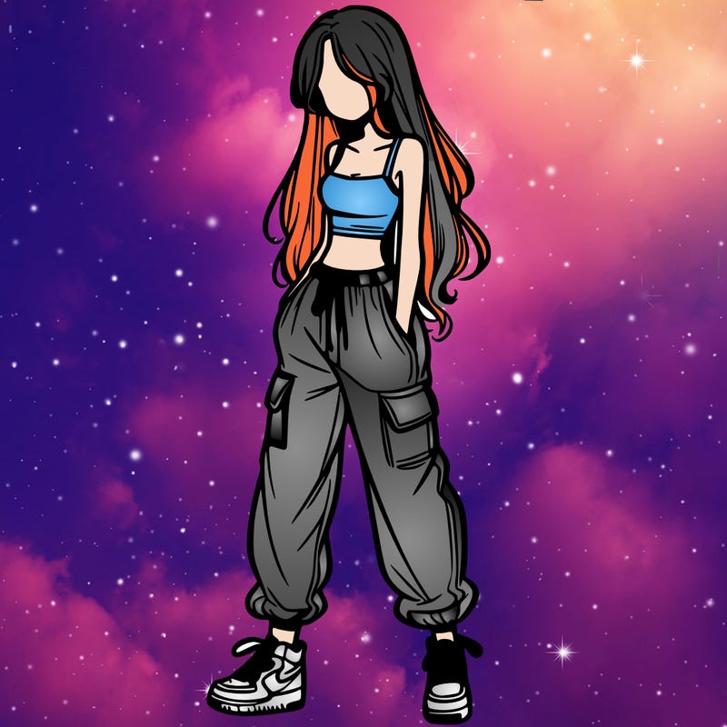 girl in baggy pants crop top and long hair