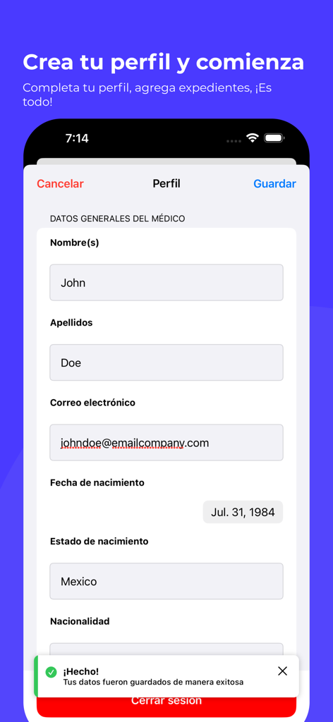OneClick: Expedientes Dentales - OneClick dental app doctor profile setup screen showing user information and a success message