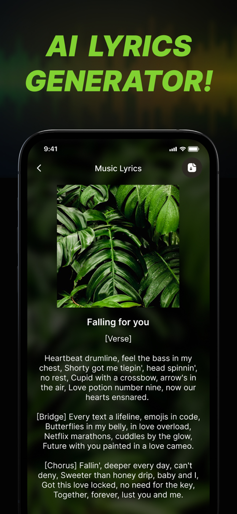 Interface de l'application mobile montrant des paroles de rap générées par IA pour une chanson intitulée 'Falling for you'.