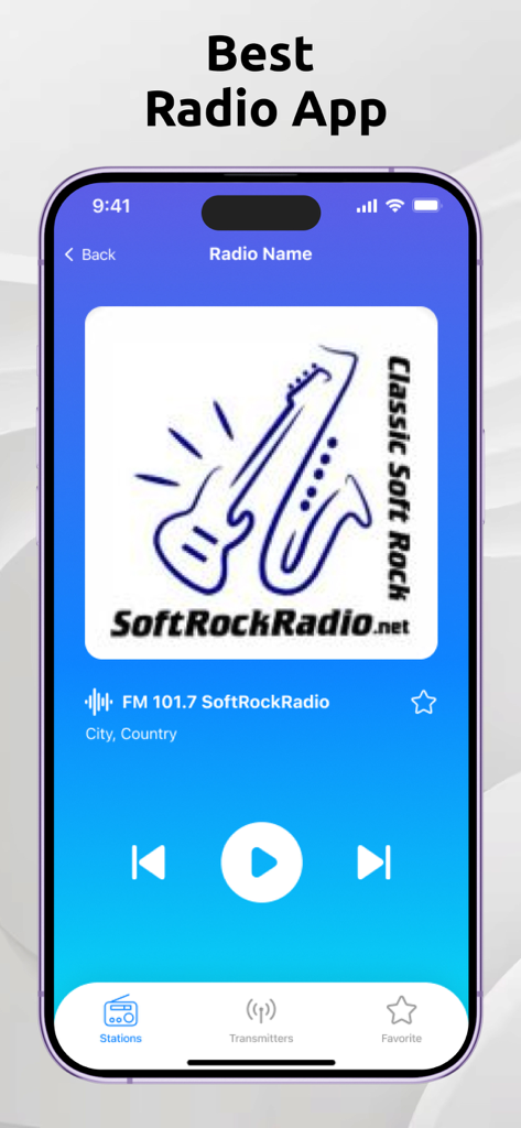 Radio App - FM Transmitter - Schermata dello smartphone che visualizza l'interfaccia del lettore dell'App Radio con una stazione soft rock in riproduzione su FM 101.7.