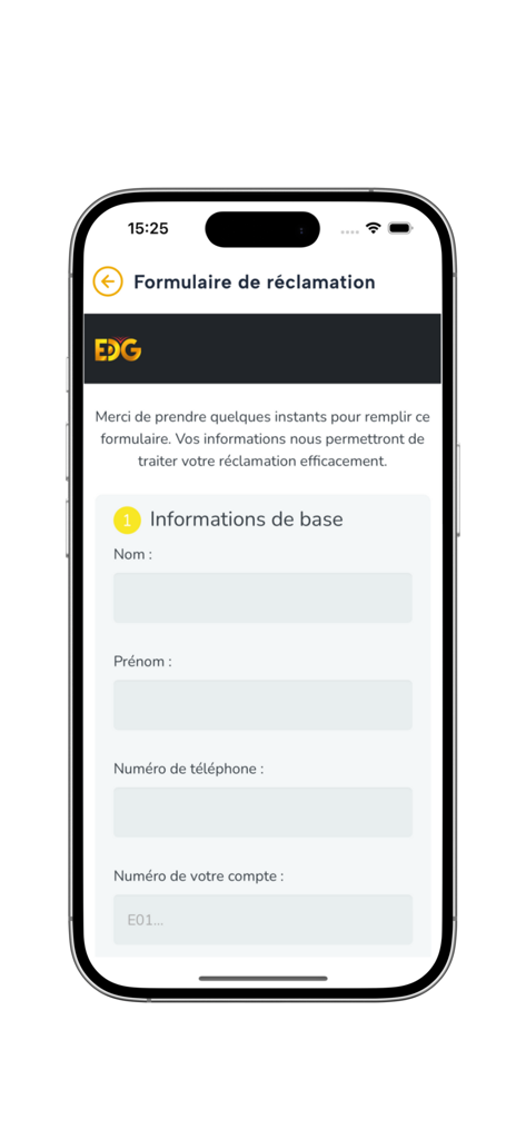 EDG MOBILE-BANK - EDG Mobile Bank claim form screen on an iPhone showing fields for basic personal and account information.