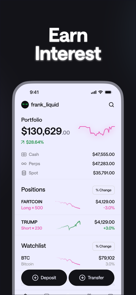 Liquid — Trade like the 1% - Liquid app interface showing a high balance crypto portfolio with leveraged trading positions and watchlist