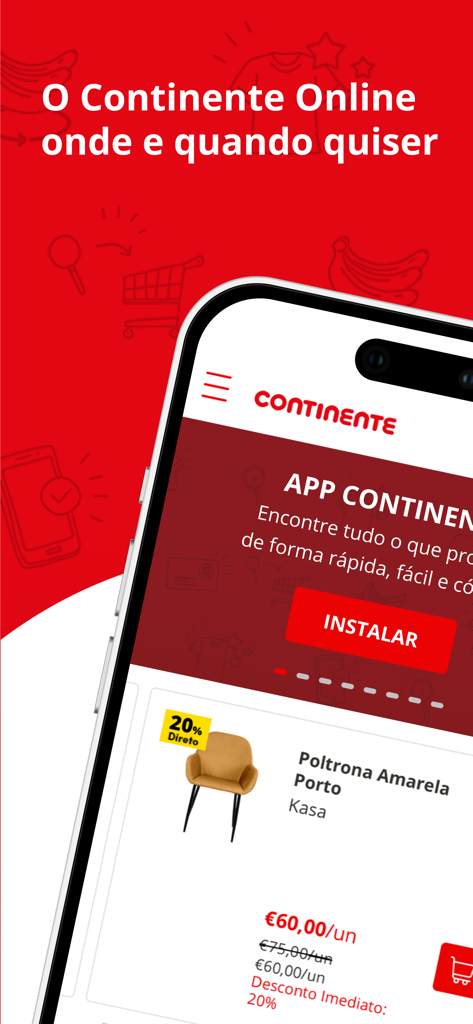 Smartphone showing the Continente Online app interface with a discount on a yellow armchair.