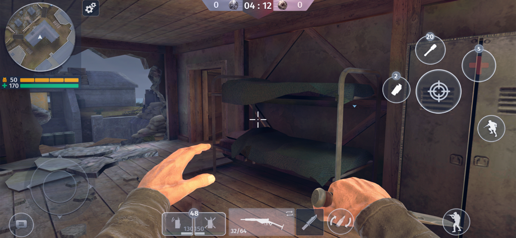 First person view of gameplay inside a WWII barracks in World War 2 Army FPS Shooter.