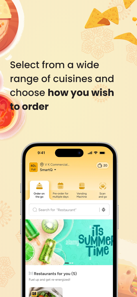 SmartQ - Food Ordering App - Smartphone screen showing the SmartQ app with multiple ordering methods including pre-order and scan and go