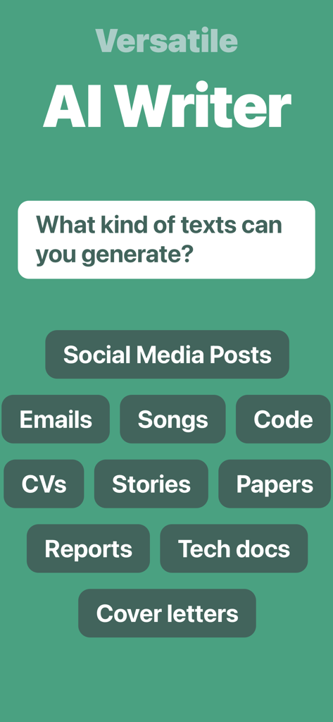 Chat AI ㅤ - Interface of Chat AI app showing various text generation capabilities like social media posts emails and code