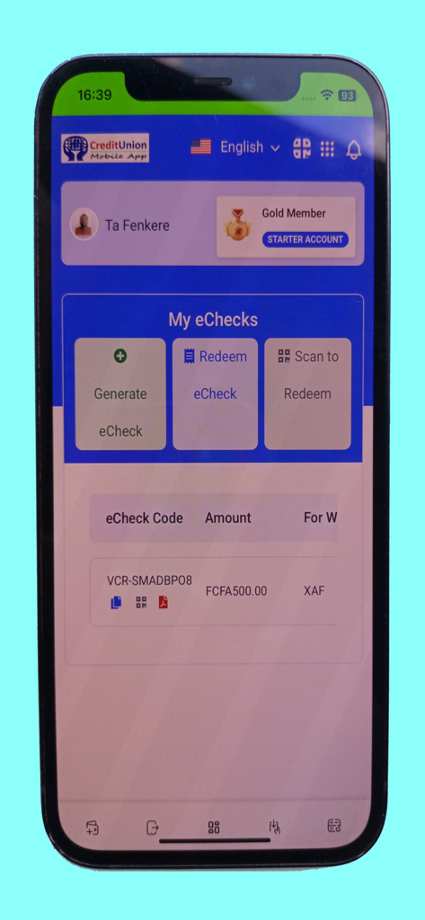 Credit Union Mobile App - Screenshot of the My eChecks screen in the Credit Union Mobile App showing digital check management and XAF currency transactions