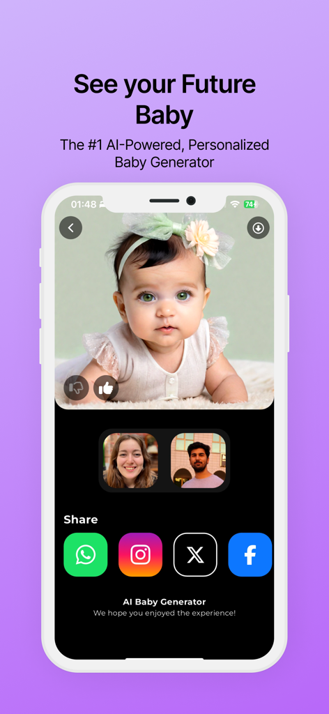 AI Baby Generator: FutureBaby - AI Baby Generator app screen showing a predicted baby based on parent photos