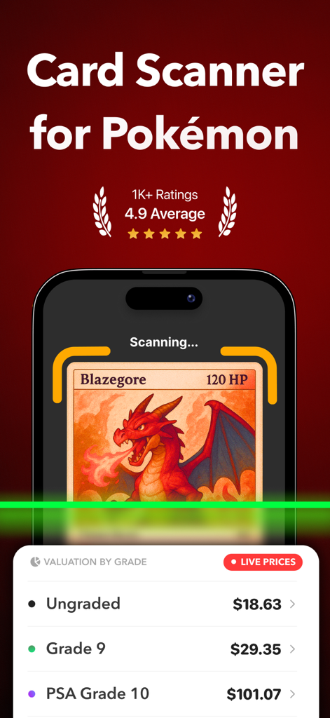 Snapdex: Card Value Scanner - Snapdex mobile app scanning a card to display live market valuation and prices by grade