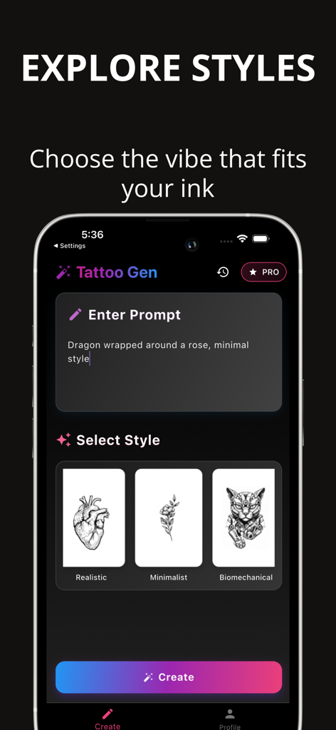 Interface de aplicativo móvel mostrando um prompt de texto para uma tatuagem de dragão e opções para selecionar estilos como realista e minimalista.