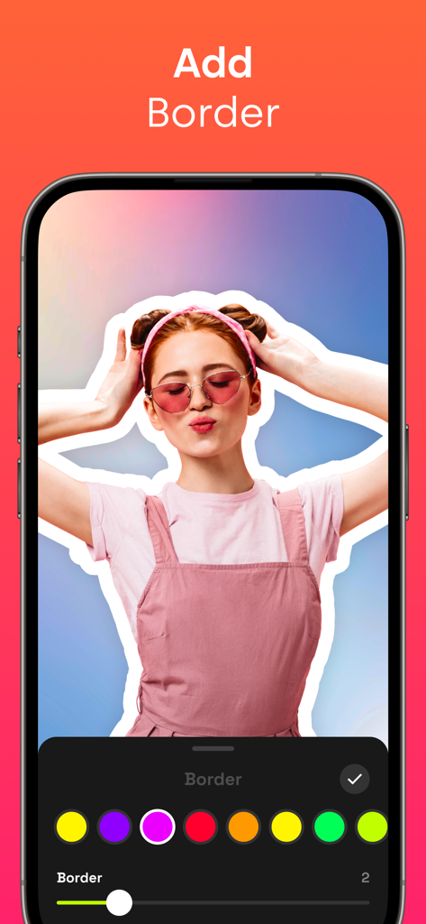 Background Eraser AI - Mobile app interface showing how to add a white sticker border to a portrait cutout.
