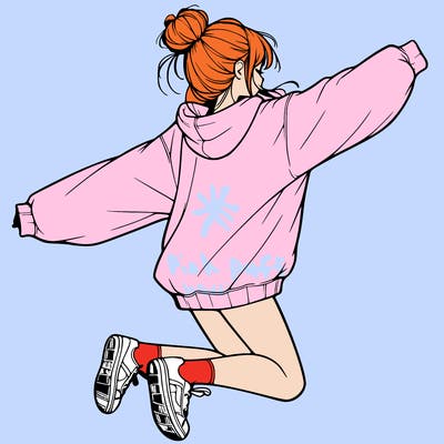 realistic girl jumping with a bun and oversized sweatshirt
