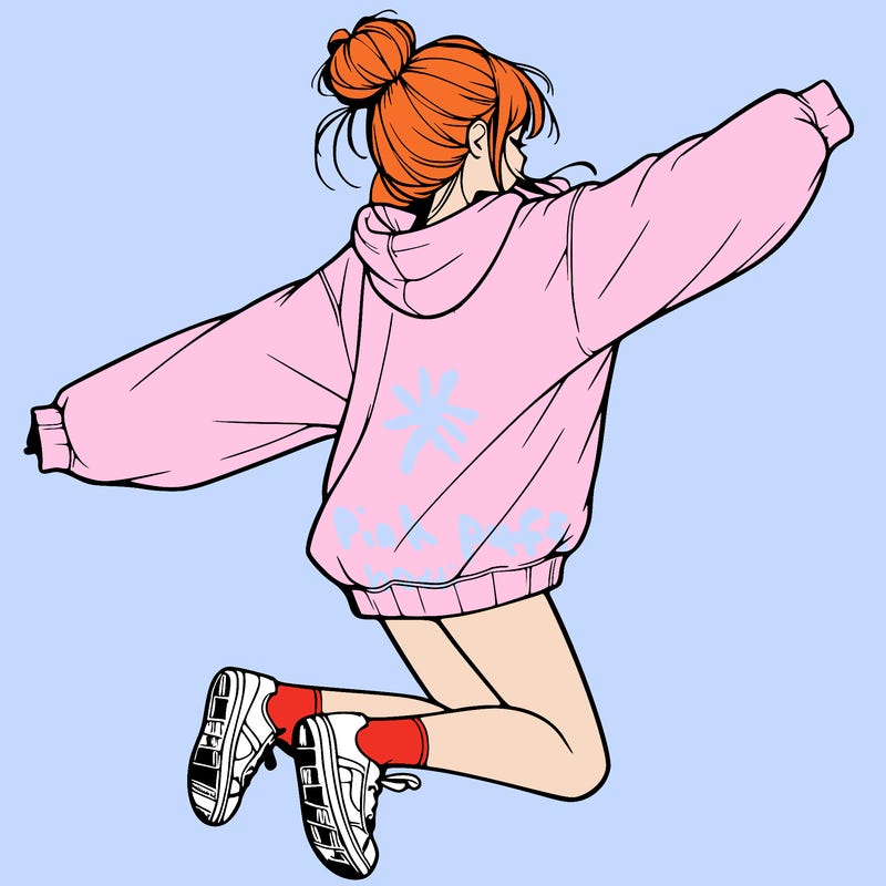 realistic girl jumping with a bun and oversized sweatshirt