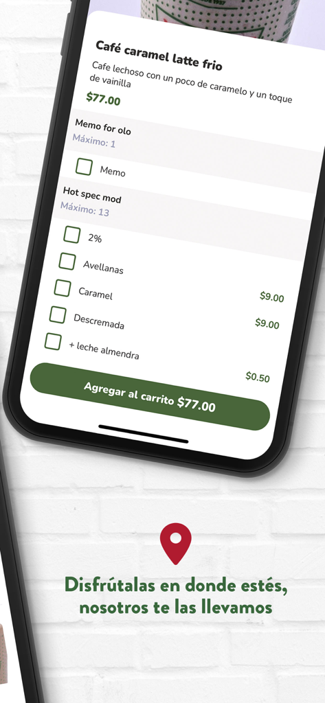 Krispy Kreme México - Mobile screen of the Krispy Kreme Mexico app showing customization options for a cold caramel latte and a delivery promotional message.