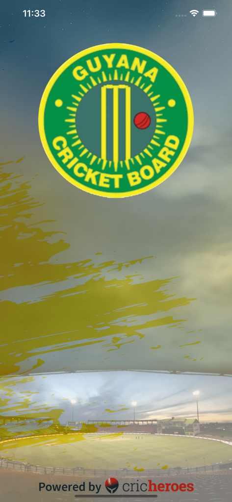 Guyana Cricket Board - GCB - Guyana Cricket Board app splash screen featuring the GCB logo and a cricket stadium in the background