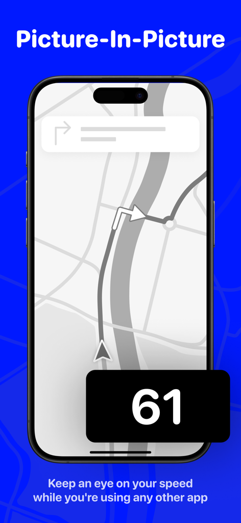 Simple Speedometer: Pure Speed - iPhone screen showing the speedometer in picture-in-picture mode overlaid on a navigation map