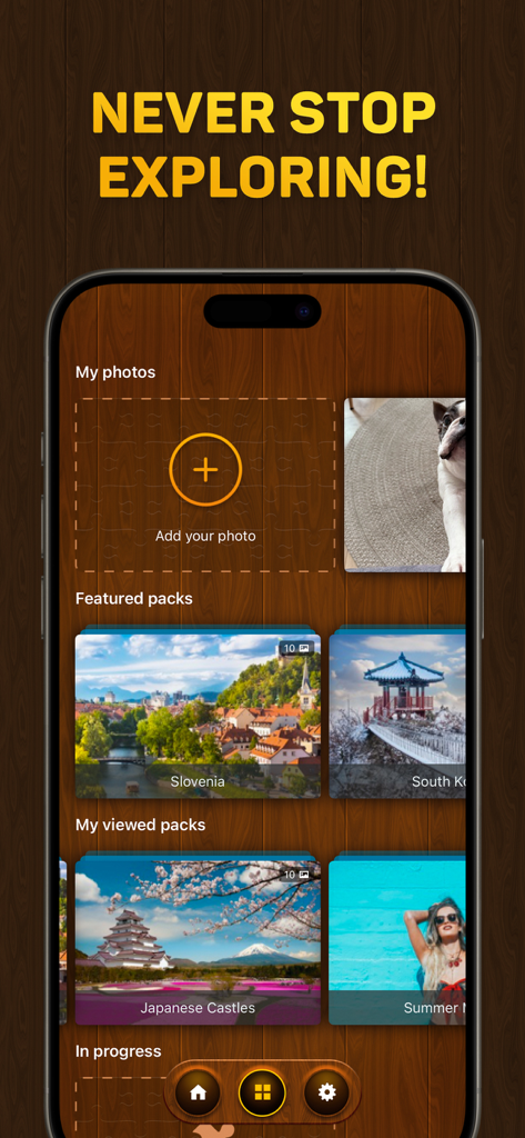 Jigsaw Puzzles for You - 風景の注目のパズルパックと個人の写真からパズルを作成するオプションを表示するJigsaw Puzzles for Youアプリのホーム画面。