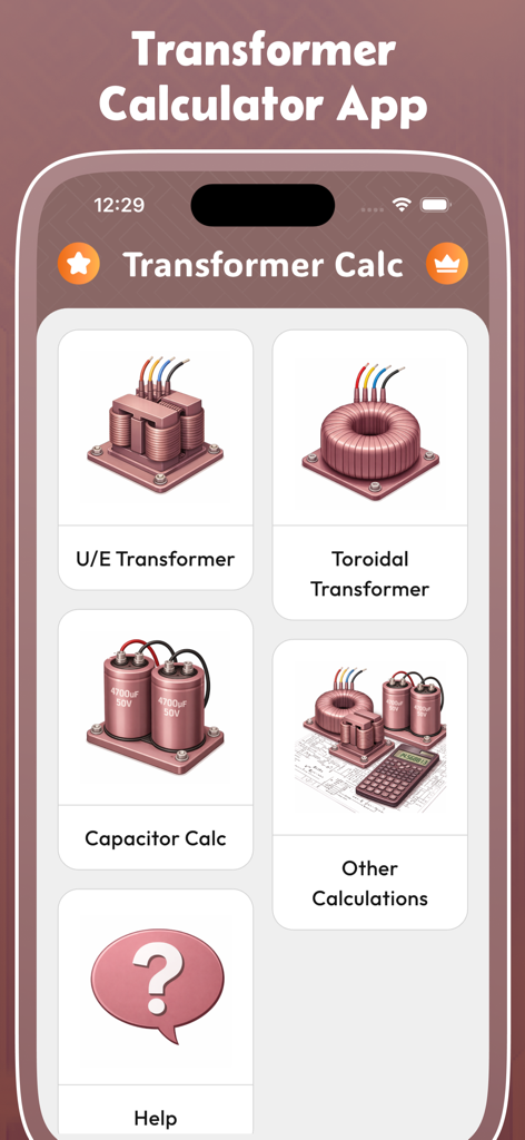 Transformer Calculator Pro - Interfaz de la aplicación Calculadora de Transformadores Pro mostrando el menú de selección para cálculos de transformadores y condensadores.