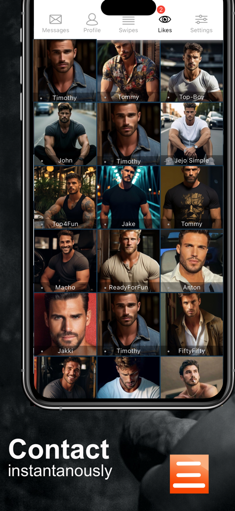 NextBoy - Gay Chats & Dating - Interfaz de la aplicación móvil que muestra una cuadrícula de perfiles de usuarios masculinos en la sección de me gusta de la aplicación de citas gay NextBoy.