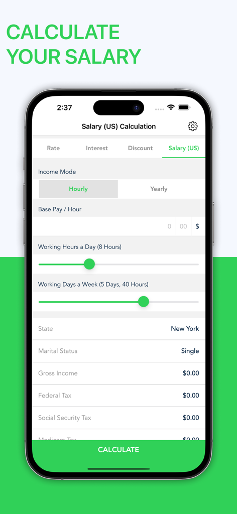 米国の所得税と時給設定が表示されている給与計算機アプリのインターフェース