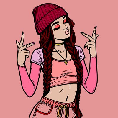 realistic teenage girl with braids and a beanie and crop top doing 🫶🏼