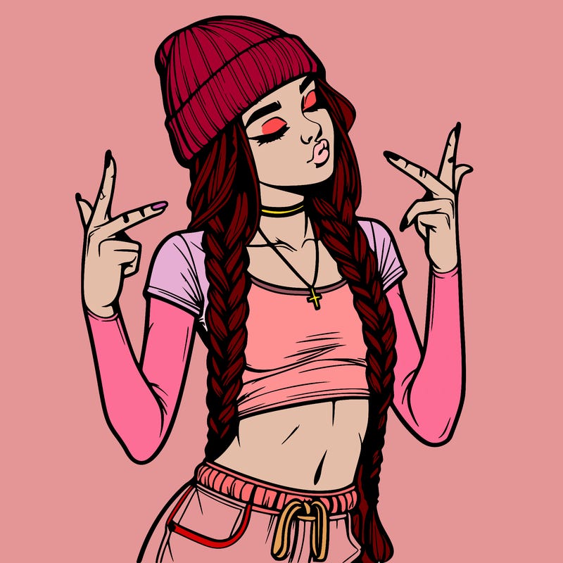 realistic teenage girl with braids and a beanie and crop top doing 🫶🏼