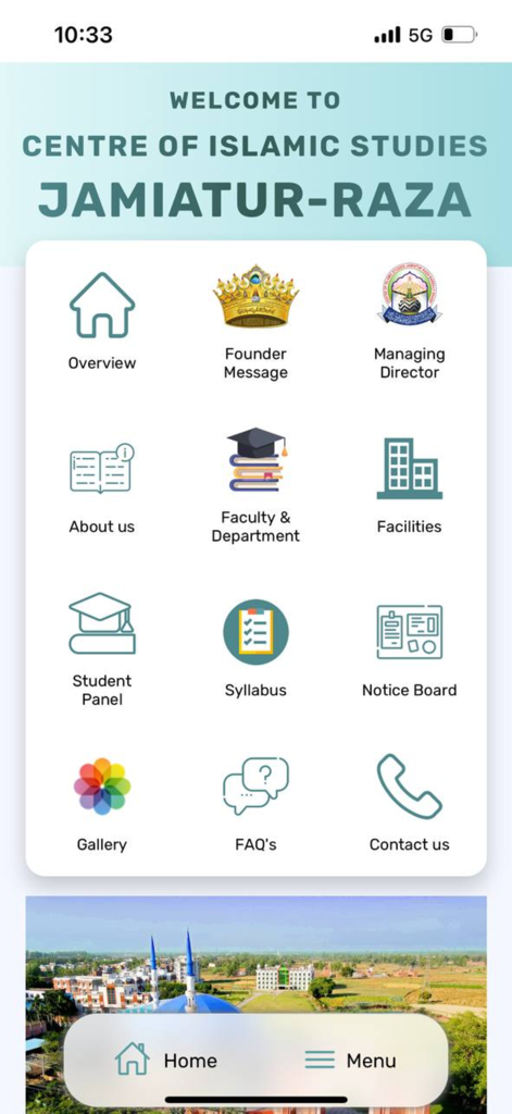 Imam Ahmad Raza Trust - Dashboard of the Jamiatur-Raza Islamic studies app showing academic and administrative menu options.
