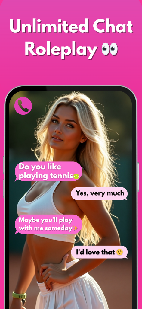Lovia: AI Girlfriend Chat - Interactive AI chat roleplay featuring a virtual girlfriend character in a tennis outfit