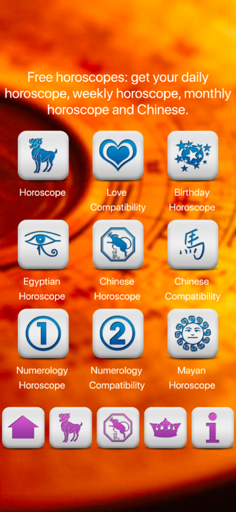 Horoscopes and Tarots - Menú principal de la aplicación de astrología que muestra varias opciones de lectura de horóscopo y compatibilidad