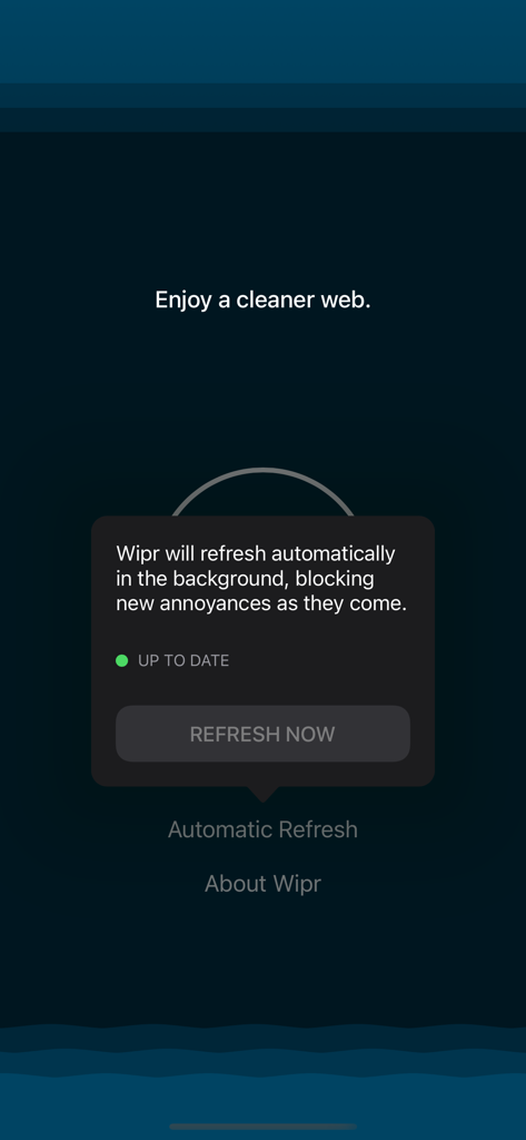 Wipr - Wipr app interface showing automatic background refresh status and the message enjoy a cleaner web
