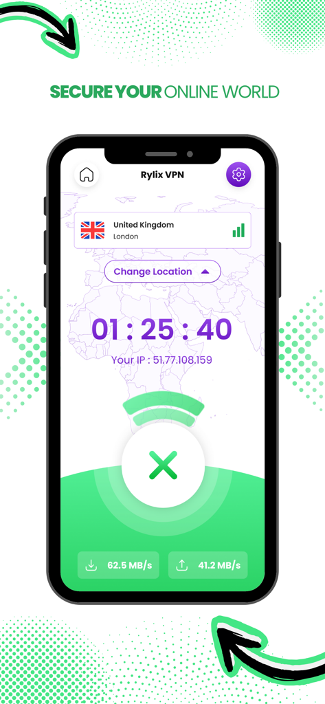 Ana VPN - Interfaz de la aplicación Ana VPN que muestra una conexión segura a un servidor del Reino Unido con velocidades de descarga y carga.