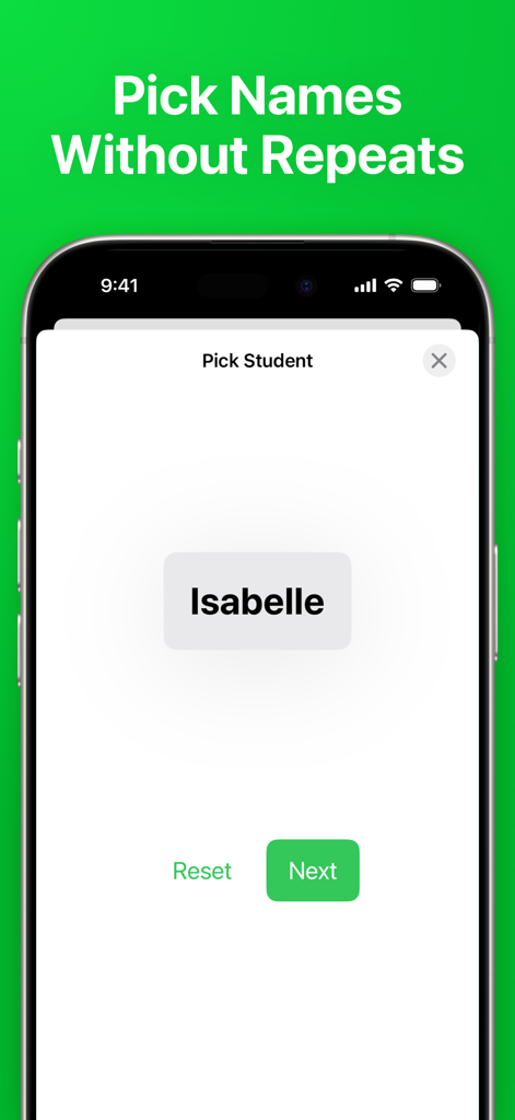 Pantalla de smartphone que muestra la función de selector aleatorio de estudiantes en la aplicación Grupos con un nombre mostrado