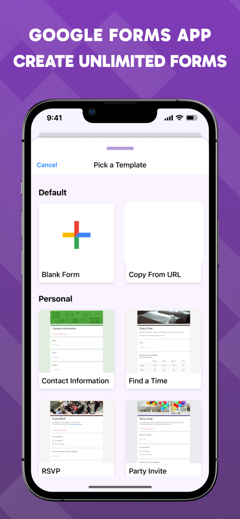 RSVPや連絡先情報などのGoogleフォームを作成するためのさまざまなテンプレートを表示するモバイルアプリインターフェース