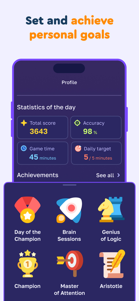 Brainy Train: Clever Brain Pal - User profile dashboard with statistics of the day and achievement badges for cognitive training.
