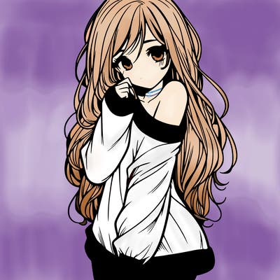 shy pretty girl wearing a sweater that is falling off one shoulder portrait with long hair